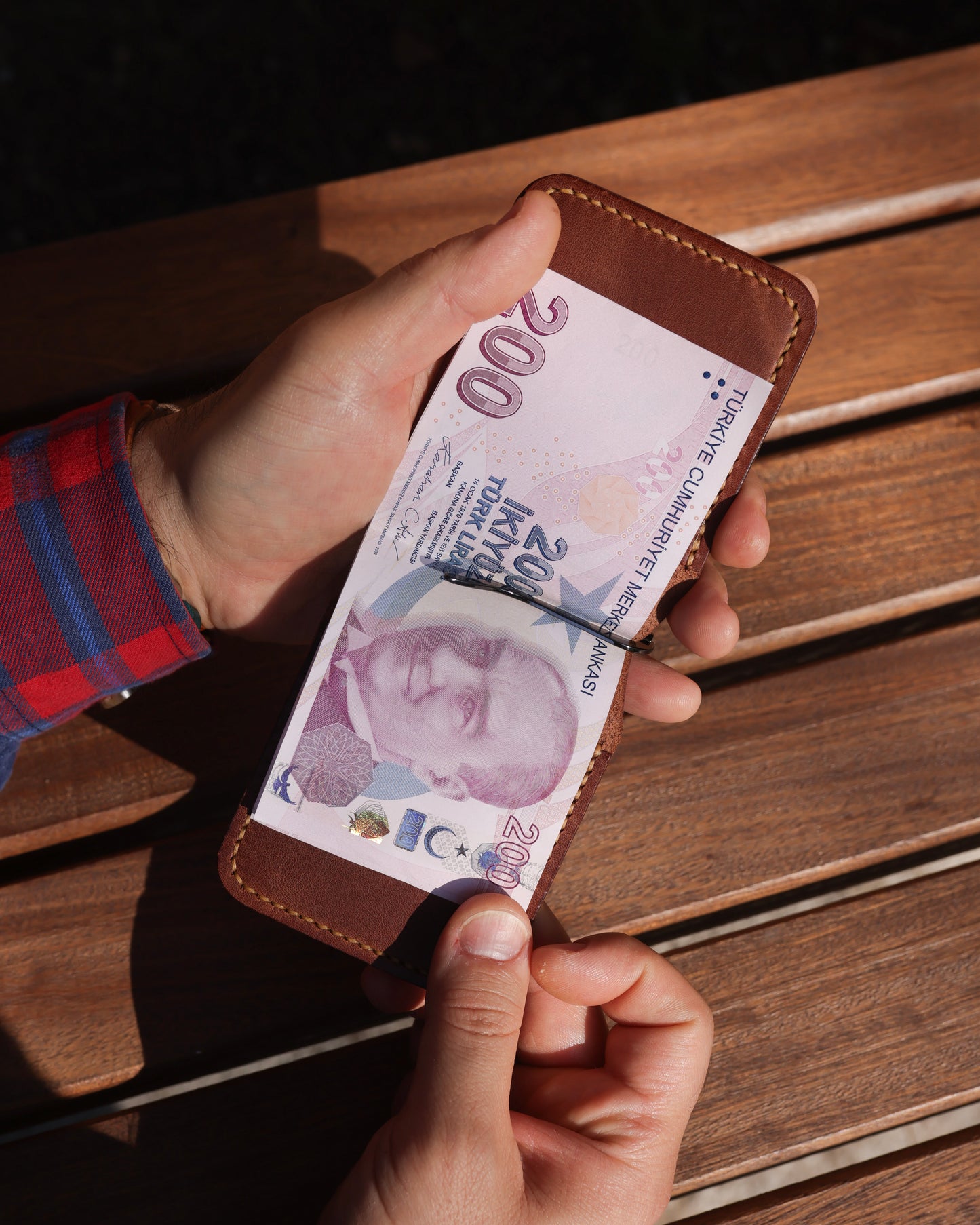 Para Klipsli Camel Deri Cüzdan